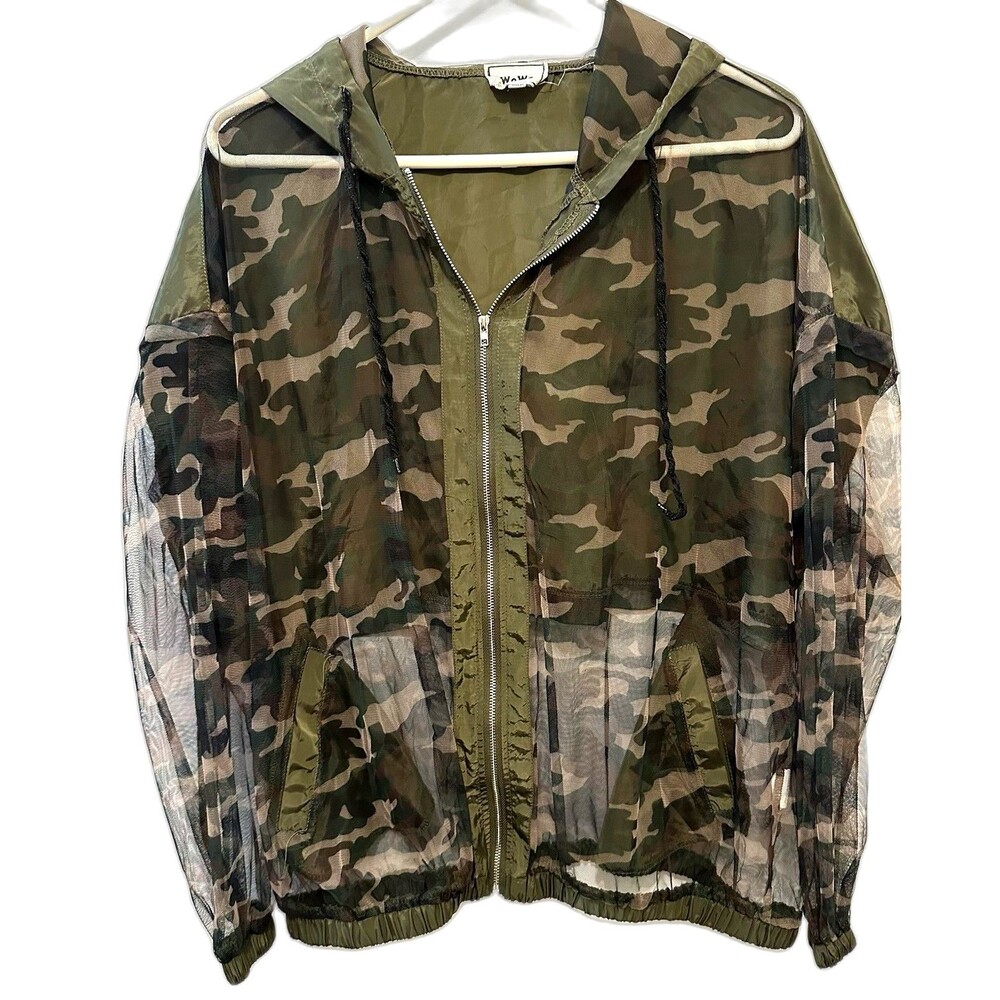 Wowo Zipper Up Camoflauge Sheer Mesh Jacket Size 2XL Women’s Hooded